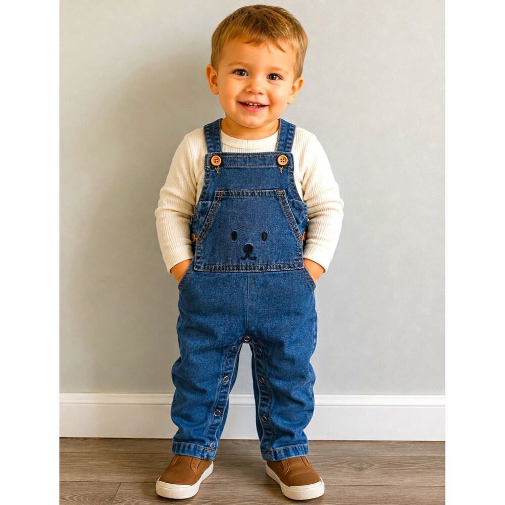 PatPat Blue Denim Overall One-Piece 12-18 Months Sleeveless Button Bear